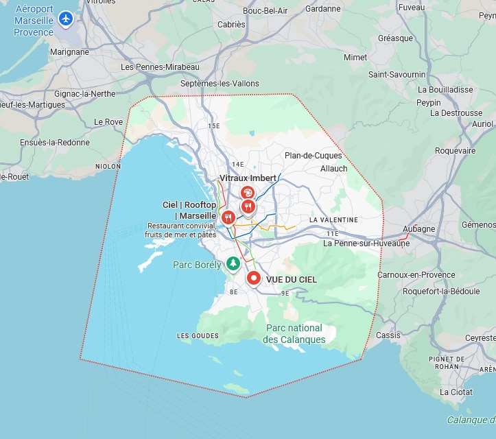 Carte de Marseille : Points d'Intérêt et Calanques Carte de Marseille montrant le Ciel Rooftop, le Parc Borély et le Parc national des Calanques.